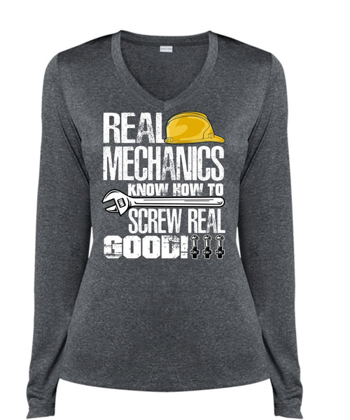 Real Mechanics T Shirt, Being A Mechanic T Shirt, Cool Shirt (Ladies LS Heather V-Neck)