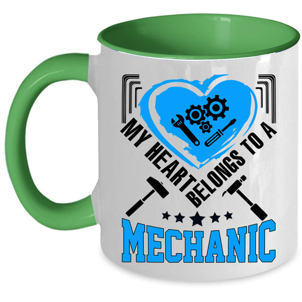 Cute Couple Coffee Mug, My Heart Belongs To A Mechanic Accent Mug