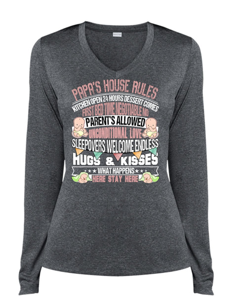 Papa's House Rules T Shirt, Hugs And Kisses T Shirt, Cool Shirt (Ladies LS Heather V-Neck)