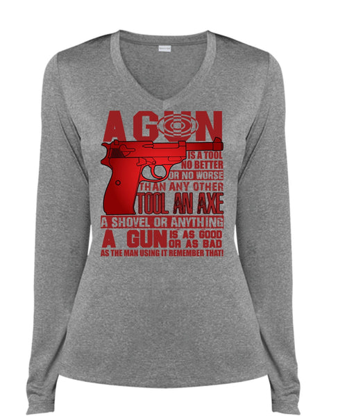 A Gun Is A Tool T Shirt, Being A Veteran T Shirt, Cool Shirt (Ladies LS Heather V-Neck)