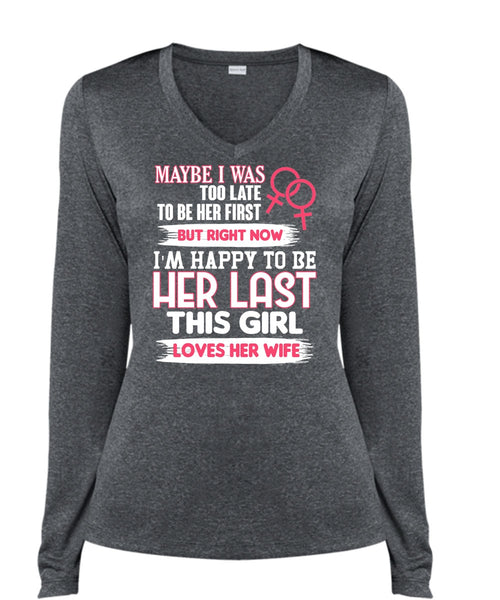 This Girl Loves Her Wife T Shirt, I'm Happy T Shirt, Cool Shirt (Ladies LS Heather V-Neck)