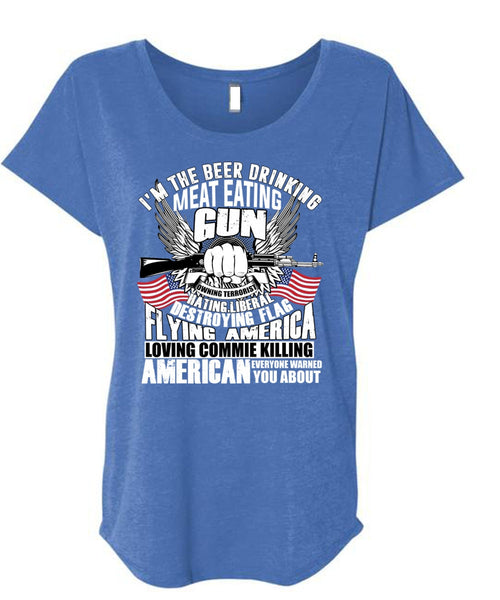 Meat Eating Gun T Shirt, Flying America T Shirt, Cool Shirt (Ladies' Triblend Dolman Sleeve)
