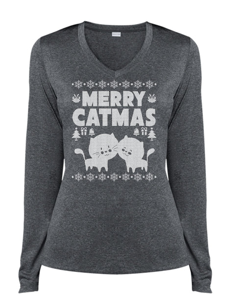 Merry Catmas T Shirt, Funny Winter T Shirt, Cool Shirt (Ladies LS Heather V-Neck)