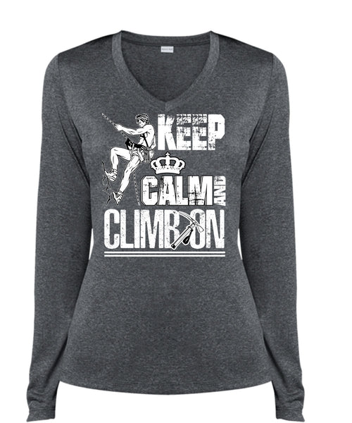 Keep Calm And Climb On T Shirt, Being A Hiker T Shirt, Cool Shirt (Ladies LS Heather V-Neck)