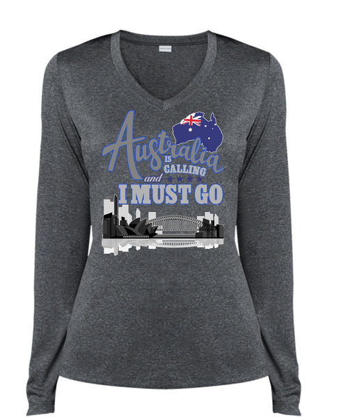 Australia Is Calling T Shirt, I Must Go T Shirt, Cool Shirt (Ladies LS Heather V-Neck)
