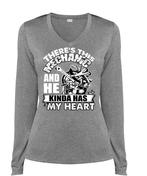 There's This Mechanic T Shirt, Kinda Has My Heart T Shirt, Cool Shirt (Ladies LS Heather V-Neck)