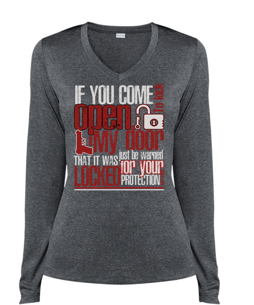 If You Come To Kick Open My Door T Shirt, Being A Gunner T Shirt, Cool Shirt (Ladies LS Heather V-Neck)