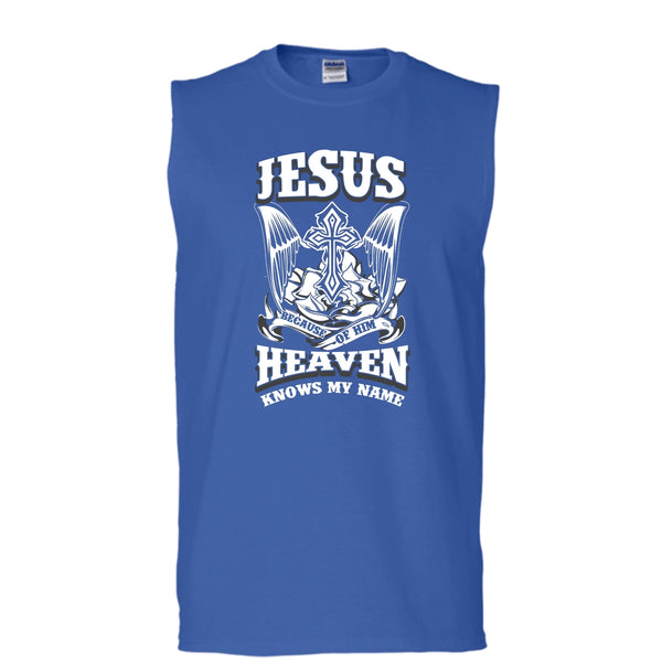 Jesus Because Of Him T Shirt, Heaven Knows My Name Tank Top (Men's Cotton Sleeveless)