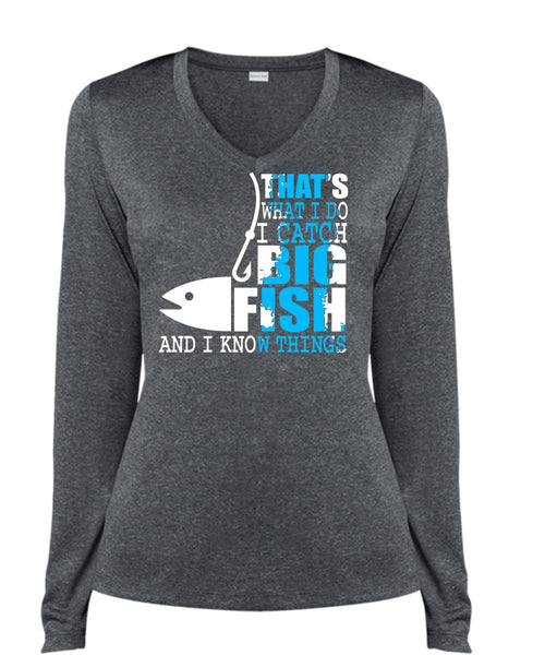 I Catch Big Fish T Shirt, Being A Fisher T Shirt, Cool Shirt (Ladies LS Heather V-Neck)