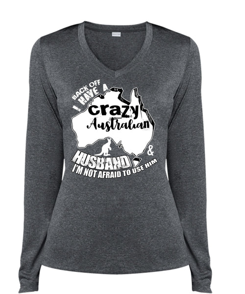 Crazy Australian Husband T Shirt, Being A Husband T Shirt, Cool Shirt (Ladies LS Heather V-Neck)