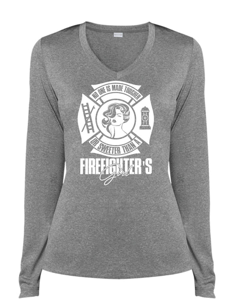Sweetest Than A Firefighter's Girl T Shirt, Being A Firefighter T Shirt, Cool Shirt (Ladies LS Heather V-Neck)