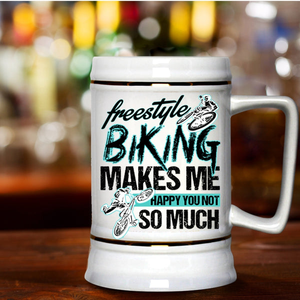Awesome Biking Beer Stein 22oz, Freestyle Biking Makes Me Happy Beer Mug