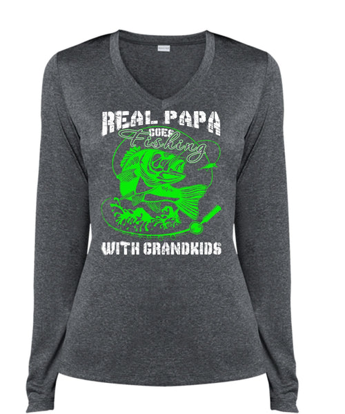 Real Papa Goes Fishing With Grandkids T Shirt, I Love Fishing T Shirt, Cool Shirt (Ladies LS Heather V-Neck)