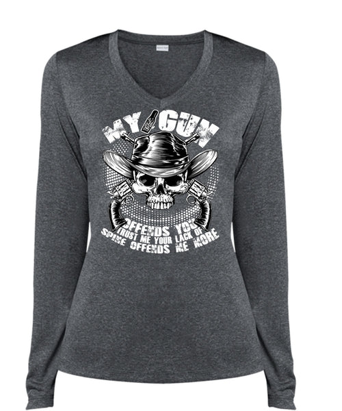 My Gun Offends You T Shirt, Being A Gunner T Shirt, Cool Shirt (Ladies LS Heather V-Neck)