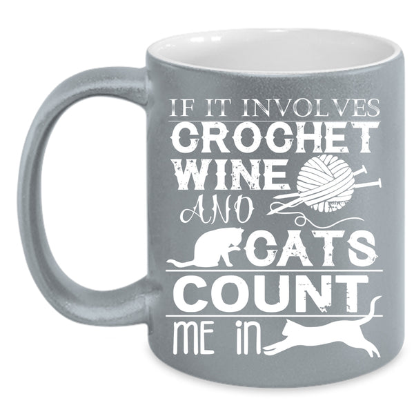 Crochet Wine And Cats Coffee Mug, Cool Crocheter Coffee Cup