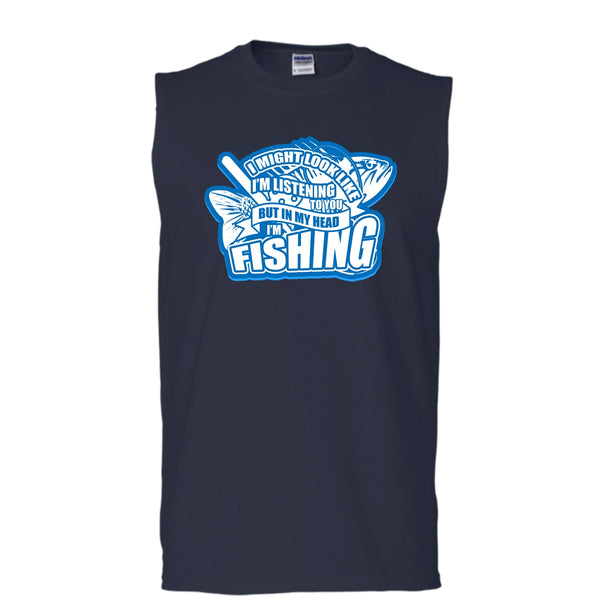 In My Head I'm Fishing T Shirt, I Love Fishing Tank Top (Men's Cotton Sleeveless)