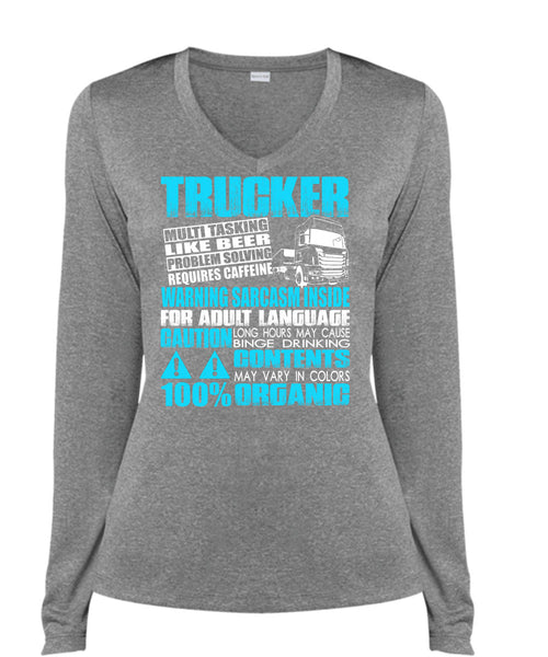 Trucker Multitasking Like Beer T Shirt, I Love Beer T Shirt, Cool Shirt (Ladies LS Heather V-Neck)
