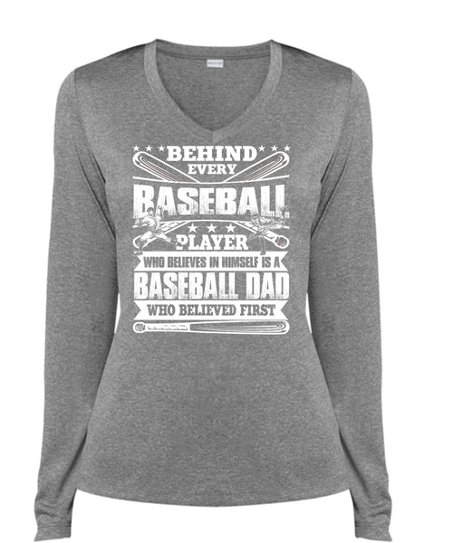 Baseball Dad T Shirt, Behind Every Baseball T Shirt, Cool Shirt (Ladies LS Heather V-Neck)