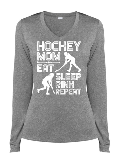 Hockey Mom Eat Sleep Rink Repeat T Shirt, Being A Hockey Mom T Shirt, Cool Shirt (Ladies LS Heather V-Neck)