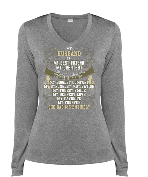 My Husband Is My Best Friend T Shirt, My Truest Smile T Shirt, Cool Shirt (Ladies LS Heather V-Neck)