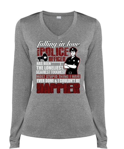 Falling In Love With A Police Officer T Shirt, Happier T Shirt, Cool Shirt (Ladies LS Heather V-Neck)