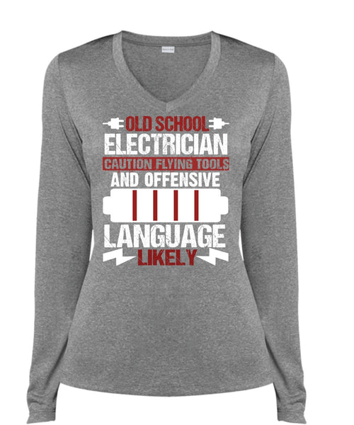 Old School Electrician T Shirt, Being An Electrician T Shirt, Cool Shirt (Ladies LS Heather V-Neck)