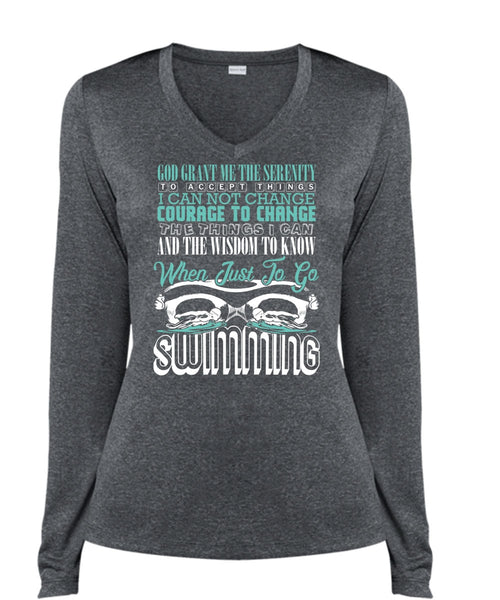 Just To Go Swimming T Shirt, Being A Swimmer T Shirt, Cool Shirt (Ladies LS Heather V-Neck)