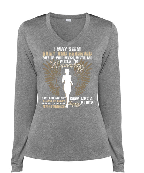 I'm Running T Shirt, Happy Place T Shirt, Cool Shirt (Ladies LS Heather V-Neck)