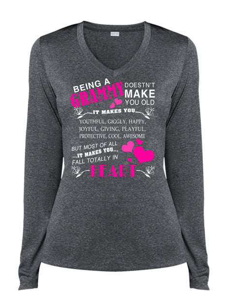 Being A Grammy T Shirt, It Makes You Fall Totally In Heart T Shirt, Cool Shirt (Ladies LS Heather V-Neck)