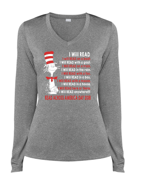 The Cat in the Hat T Shirt, I Will Read With A Mouse T Shirt, I Will Read In A House T Shirt, Cool Shirt (Ladies LS Heather V-Neck)