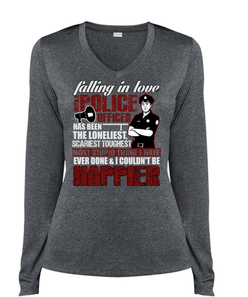 Falling In Love With A Police Officer T Shirt, Happier T Shirt, Cool Shirt (Ladies LS Heather V-Neck)