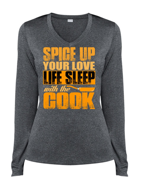 Life Sleep With The Cook T Shirt, Being A Chef T Shirt, Cool Shirt (Ladies LS Heather V-Neck)