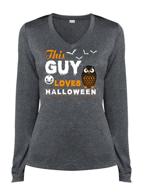 This Guy Loves Halloween T Shirt, I Love You Pumpkin T Shirt, Cool Shirt (Ladies LS Heather V-Neck)
