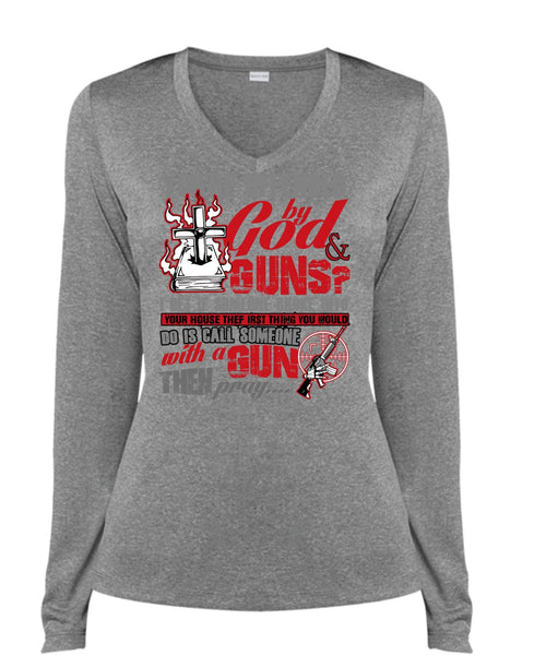 God And Guns T Shirt, Being A Veteran T Shirt, Cool Shirt (Ladies LS Heather V-Neck)