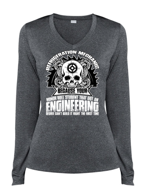 Refrigeration Mechanic T Shirt, Engineering Degree T Shirt, Cool Shirt (Ladies LS Heather V-Neck)
