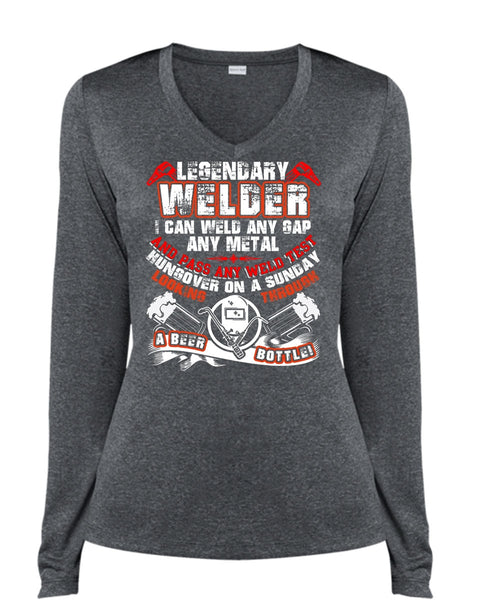 Legendary Welder T Shirt, Pass Any Weld Test T Shirt, Cool Shirt (Ladies LS Heather V-Neck)