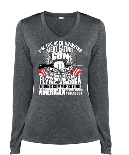 Meat Eating Gun T Shirt, Flying America T Shirt, Cool Shirt (Ladies LS Heather V-Neck)