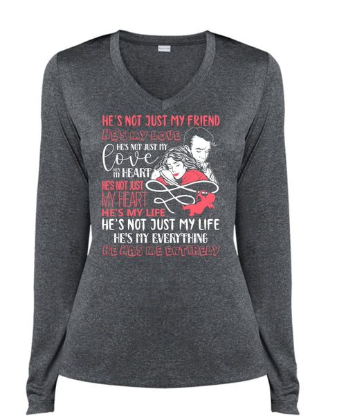 He's Not Just My Friend T Shirt, He's My Love T Shirt, Cool Shirt (Ladies LS Heather V-Neck)