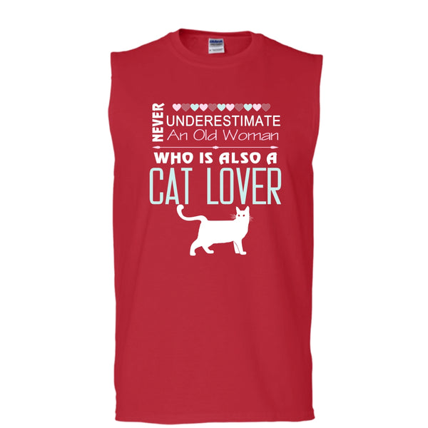 Never Underestimate An Old Woman Shirt, Who Is Also A Cat Lover Shirt (Men's Cotton Sleeveless)