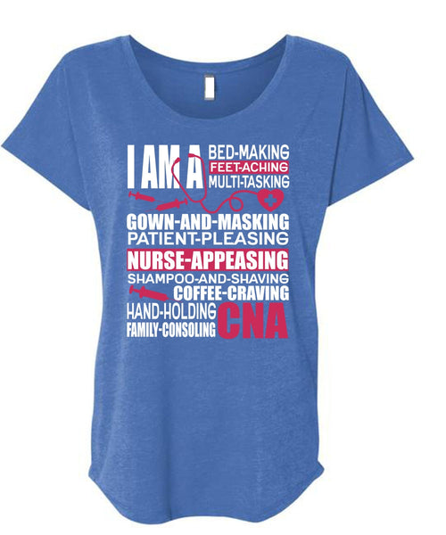 Family Consoling CNA T Shirt, Patient Pleasing T Shirt, Cool Shirt (Ladies' Triblend Dolman Sleeve)