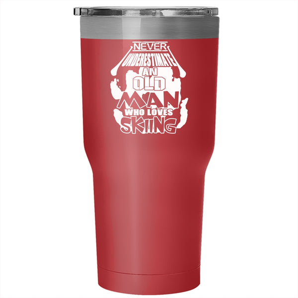 Never Underestimate An Old Man Loves Skiing Tumbler 30 oz Stainless Steel, Cool Dad Travel Mug