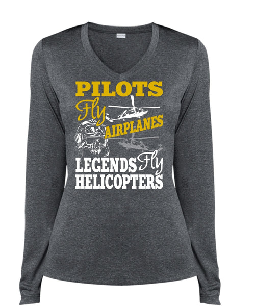 Pilots Fly Airplanes T Shirt, Legends Fly Helicopters T Shirt, Cool Shirt (Ladies LS Heather V-Neck)