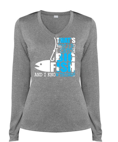 I Catch Big Fish T Shirt, Being A Fisher T Shirt, Cool Shirt (Ladies LS Heather V-Neck)