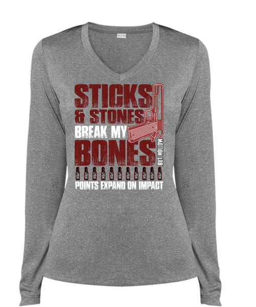 Sticks And Stones T Shirt, Being A Gunner T Shirt, Cool Shirt (Ladies LS Heather V-Neck)