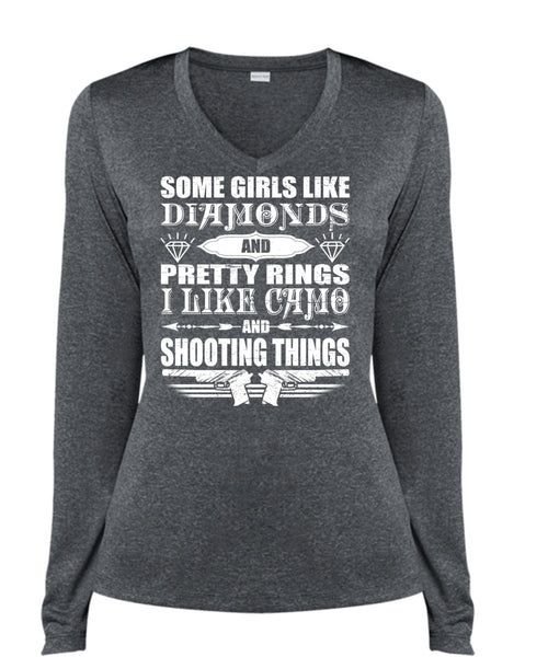 I Like Camo And Shooting Things T Shirt, Girls Like Diamonds T Shirt, Cool Shirt (Ladies LS Heather V-Neck)