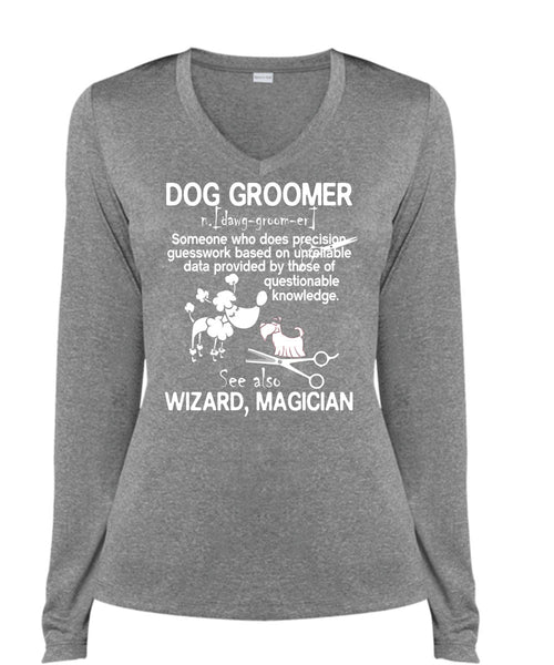 Dog Groomer T Shirt, See Also Wizard Magician T Shirt, Cool Shirt (Ladies LS Heather V-Neck)