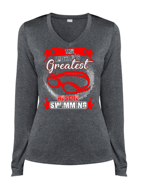 The World's Greatest Rescue Swimming T Shirt, Being A Swimmer T Shirt, Cool Shirt (Ladies LS Heather V-Neck)