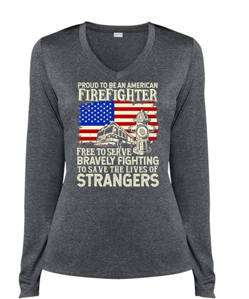Proud To Be An American Firefighter T Shirt, Bravely Fighting T Shirt, Cool Shirt (Ladies LS Heather V-Neck)