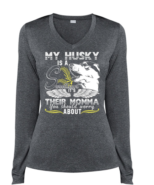 My Husky Is A Sweetheart T Shirt, It's Their Momma T Shirt, Cool Shirt (Ladies LS Heather V-Neck)