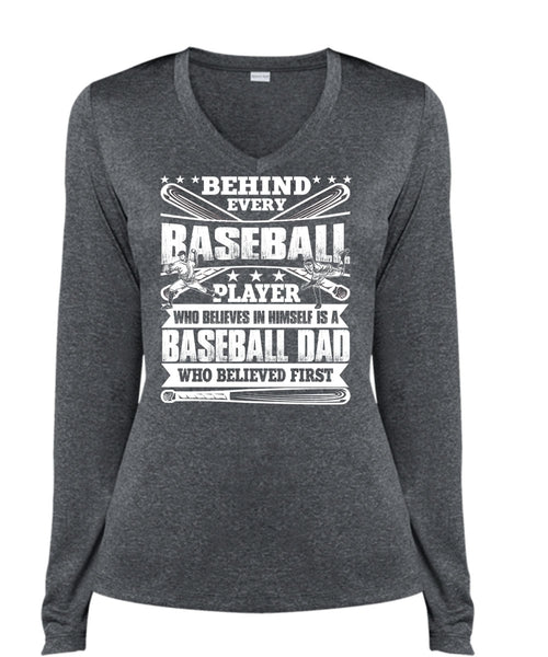 Baseball Dad T Shirt, Behind Every Baseball T Shirt, Cool Shirt (Ladies LS Heather V-Neck)